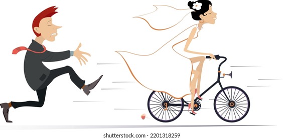 Married wedding couple. Bride rides away from the bridegroom on the bicycle.
Upset bridegroom trying to catch up a runaway on the bicycle bride. Isolated on white background illustration
