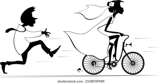 Casal de casamento. Noiva se afasta do noivo na bicicleta.
Noivo perturbado tentando alcançar uma noiva fugitiva na noiva de bicicleta. Ilustração em preto e branco
