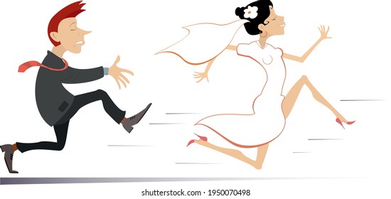 Married wedding couple. Bride runs away from the bridegroom illustration
Upset bridegroom trying to catch up a runaway bride isolated on white
