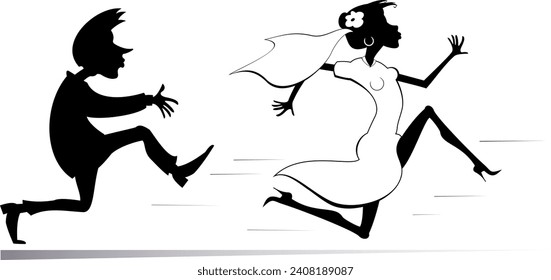 Married wedding couple. Bride runs away from the bridegroom. 
Upset bridegroom trying to catch up a runaway bride. Black and white illustration
