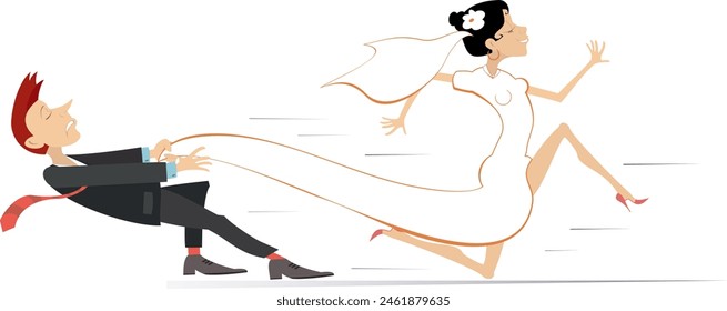 Married wedding couple. Bride runs away from the bridegroom. 
Upset bridegroom trying to catch up a runaway bride
