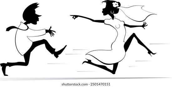 Married wedding couple. Bride runs away from the bridegroom. 
Upset bridegroom trying to catch up a runaway bride. Running bride looks back and points a finger to the bridegroom trying to catch her
