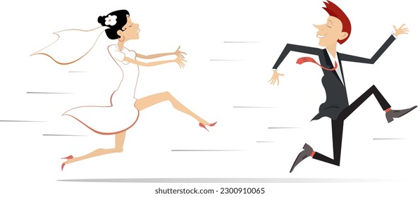 Married wedding couple. Bridegroom runs away from the bride illustration. 
Upset bride trying to catch up a runaway bridegroom. Isolated on white background
