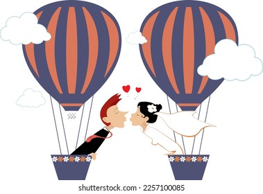 Married wedding couple flying up on the air balloon. 
Heart symbol and kissing married wedding couple fly up on the air balloon. Isolated on white illustration
