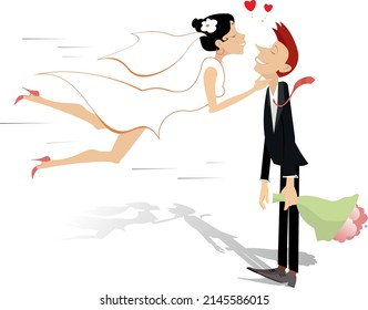 Ilustración de pareja casada. 
Símbolos del corazón. Mujer guapa con vestido blanco y velo de boda en el amor corre a besar a un novio con ramas de flores en la mano aislado en fondo blanco