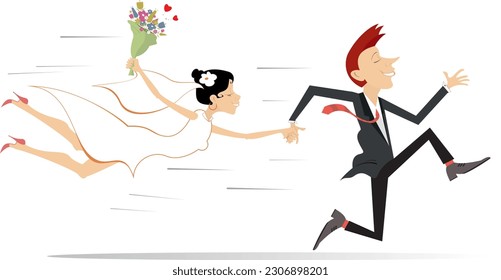 Married wedding couple running holding hands. 
Happy lovers characters. Happy running bridegroom holding hand of flying bride. Illustration on white background
