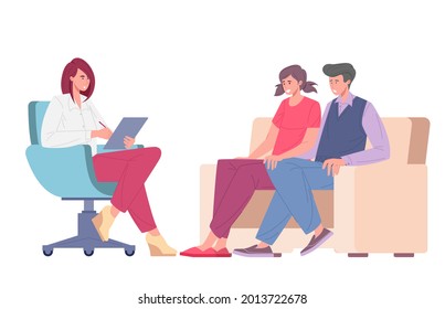 Married young couple at psychologist's appointment. Marriage crisis, conflict, relationship problem. Flat cartoon vector illustration of family psychotherapy.