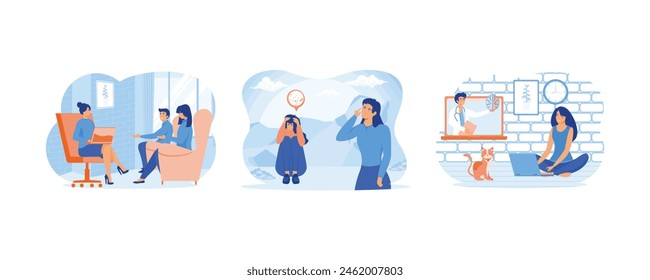 Married young couple at psychologist's appointment. Crying woman sitting on floor hugging knees. Online Psychological Help. Set flat vector modern illustration 