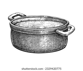 Caldo de hueso de médula en boceto de sartén. Sopa cocida aislada de fondo blanco. Dibujo manual de la comida saludable para café, restaurante, recetas, menú en estilo vintage. 