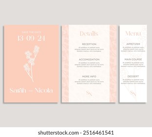 Marry card or invitation card with flower and leaf theme front side and backside. Nature wedding card template. modern minimal card