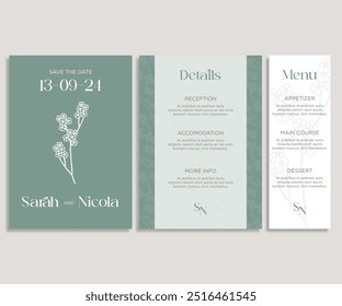 Marry card or invitation card with flower and leaf theme front side and backside. Nature wedding card template. modern minimal card