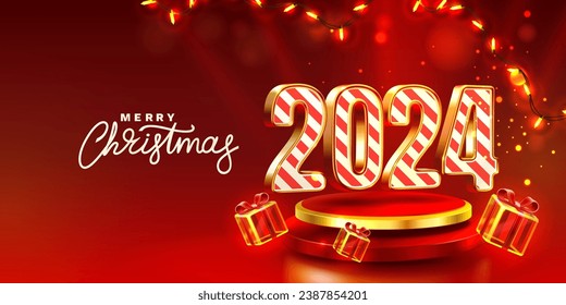 Marry Christmas 2024, happy new year, golden numbers 3d, gifts and toys near the tree. Vector illustration