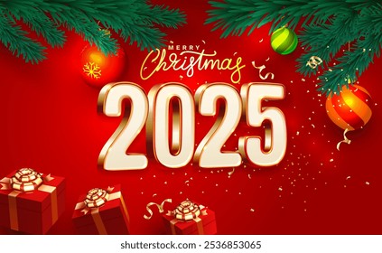 Marry Natal 2025, feliz ano novo, números dourados 3d, presentes e brinquedos perto da árvore. Vetor