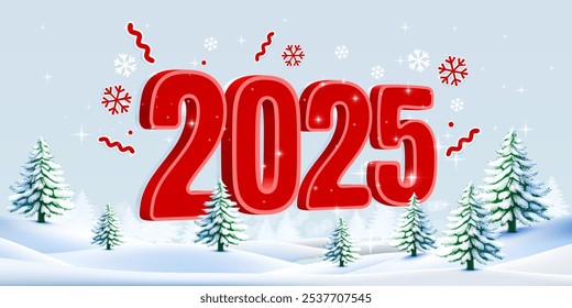 Marry Christmas 2025, happy new year, red numbers 3d, gifts and toys near the tree. Vector