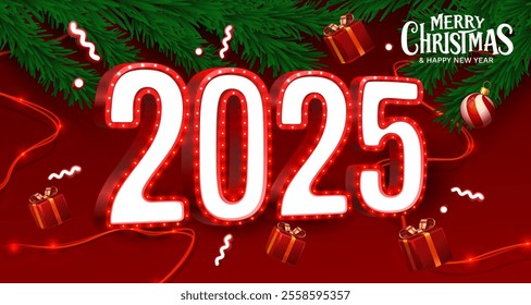 Marry Christmas 2025, happy new year, red numbers 3d, gifts and toys near the tree. Vector illustration