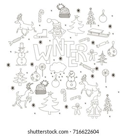 Marry Christmas background. Hand drawn vector set  with Santa Claus, deer, fir trees, snowman, snowflake, sledge.