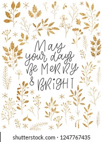 Marry Christmas calligraphy card template with berries, branches, leaves frame. Vector illustration. Hand drawn lettering
