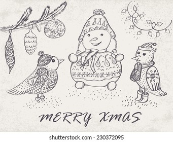 Marry Christmas Card with hand drawn birds and snowman. Winter Holiday design.  Vector illustration.