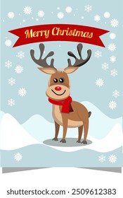 marry christmas card , new year reindeer , ribbon, text, winter landsape xmax, season snoeflakes, festive celebrate