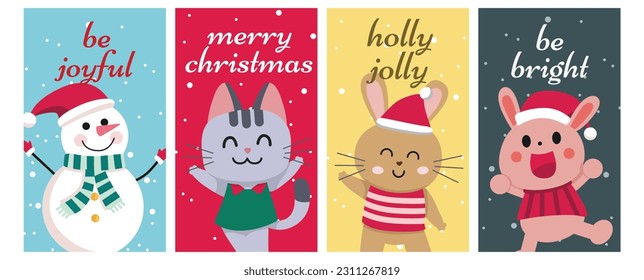 marry christmas card tag cute character. cute bunny cute snow man