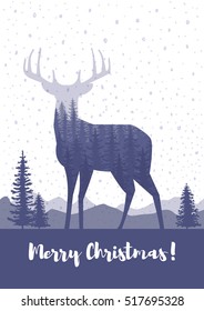 Marry Christmas cards design. Silhouette of a deer with pine forest, blue and white colors background.