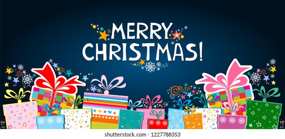 Marry Christmas! Celebration background with gift box, star and place for your text. Art design celebrate party invitation template. Business Cards, VIP, Sale, Special Seasonal Offer. Vector 