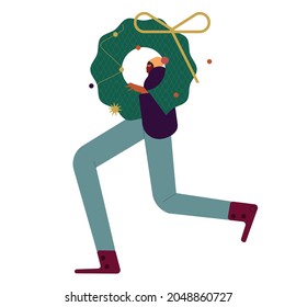 Marry Christmas concept . Running girl with christmas wreath . Modern flat vector use of digital concept illustration in web project and application .