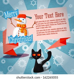 Marry Christmas cute retro banner on the craft paper texture with cat and snowman, with merry christmas greeting and place for your text. 