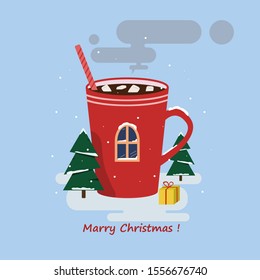 Marry Christmas. Gift. Hot chokolate with marshmallow.
