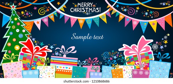 Marry Christmas! Greeting card. Celebration background with gift box, garland, Christmas tree, star and place for your text. Art design celebrate party invitation template. Sale. Vector Illustration 