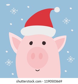Marry Christmas hand drawn vector print. Christmas card, pig in a red hat

