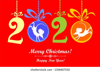 Marry Christmas. Happy Chinese New Year 2020 year of the rat. Funny mouses, Christmas ball with ribbon. Zodiac sign for greetings card, invitation, posters, banners, calendar. Vector illustration