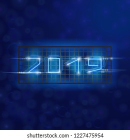 Marry Christmas and Happy New 2019 Year. Vector holiday illustration of glowing neon 2019 sign on a dark background. Night party poster design.