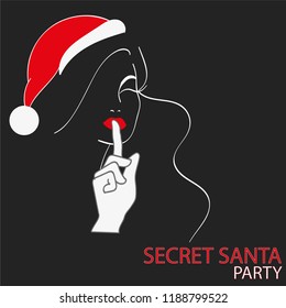 Marry Christmas And Happy New Year. Secret Santa Party. Woman In Red Santa Hat Holds Finger At Her Red Lips. White Silhouete On Black Background. Stock Vector Illustration.