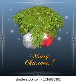 Marry Christmas and Happy New Year. Holiday background with silver and red Christmas ball, spruce branch 
and gold  lettering Marry Christmas. Vector illustration.  Great for christmas cards, banners.