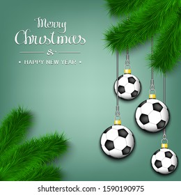 Marry Christmas and Happy New Year. Soccer balls as a Christmas decorations hanging on a Christmas tree branch. Design pattern for greeting card, banner, poster, flyer, invitation. Vector illustration