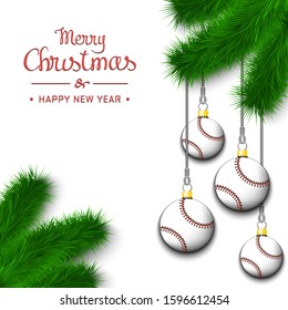 Marry Christmas and Happy New Year. Baseball balls as a Christmas decorations hanging on a Christmas tree branch. Design pattern for greeting card, banner, poster, flyer. Vector illustration