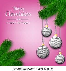 Marry Christmas and Happy New Year. Golf balls as a Christmas decorations hanging on a Christmas tree branch. Design pattern for greeting card, banner, poster, flyer, invitation. Vector illustration