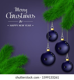 Marry Christmas and Happy New Year. Bowling balls as a Christmas decorations hanging on a Christmas tree branch. Design pattern for greeting card, banner, poster, flyer. Vector illustration