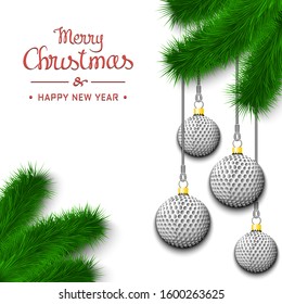 Marry Christmas and Happy New Year. Golf balls as a Christmas decorations hanging on a Christmas tree branch. Design pattern for greeting card, banner, poster, flyer, invitation. Vector illustration