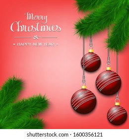 Marry Christmas and Happy New Year. Cricket balls as a Christmas decorations hanging on a Christmas tree branch. Design pattern for greeting card, banner, poster, flyer. Vector illustration