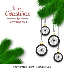 Marry Christmas and Happy New Year. bicycle wheels as a Christmas decorations hanging on a Christmas tree branch. Design pattern for greeting card, banner, poster, flyer. Vector illustration