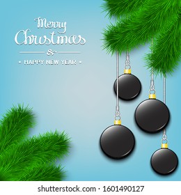 Marry Christmas and Happy New Year. Hockey pucks as a Christmas decorations hanging on a Christmas tree branch. Design pattern for greeting card, banner, poster, flyer, invitation. Vector illustration
