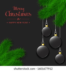 Marry Christmas and Happy New Year. Hockey pucks as a Christmas decorations hanging on a Christmas tree branch. Design pattern for greeting card, banner, poster, flyer, invitation. Vector illustration