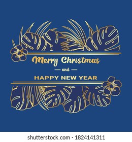 Marry Christmas and Happy New Year poster. Abstract Botanical Label. Greeting layout and decor with tropical leaves. Holiday Social Media Post Template