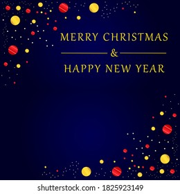 Marry Christmas and Happy New Year blue background for gift cards, vouchers and other certificates with red and yellow shinny balls. 