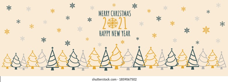 Marry Christmas and Happy new year 2021. Christmas tree horizontal design element for card.  Vector illustration