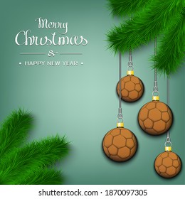 Marry Christmas and Happy New Year. Handball balls as a Christmas decorations hanging on a Christmas tree branch. Design pattern for greeting card, banner, poster, invitation. Vector illustration