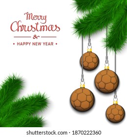 Marry Christmas and Happy New Year. Handball balls as a Christmas decorations hanging on a Christmas tree branch. Design pattern for greeting card, banner, poster, invitation. Vector illustration