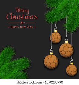 Marry Christmas and Happy New Year. Handball balls as a Christmas decorations hanging on a Christmas tree branch. Design pattern for greeting card, banner, poster, invitation. Vector illustration